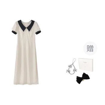 Fstudio Korean Style Elegance Color Block Cinched Waist Short Sleeved Dress Women's Beige Apricot