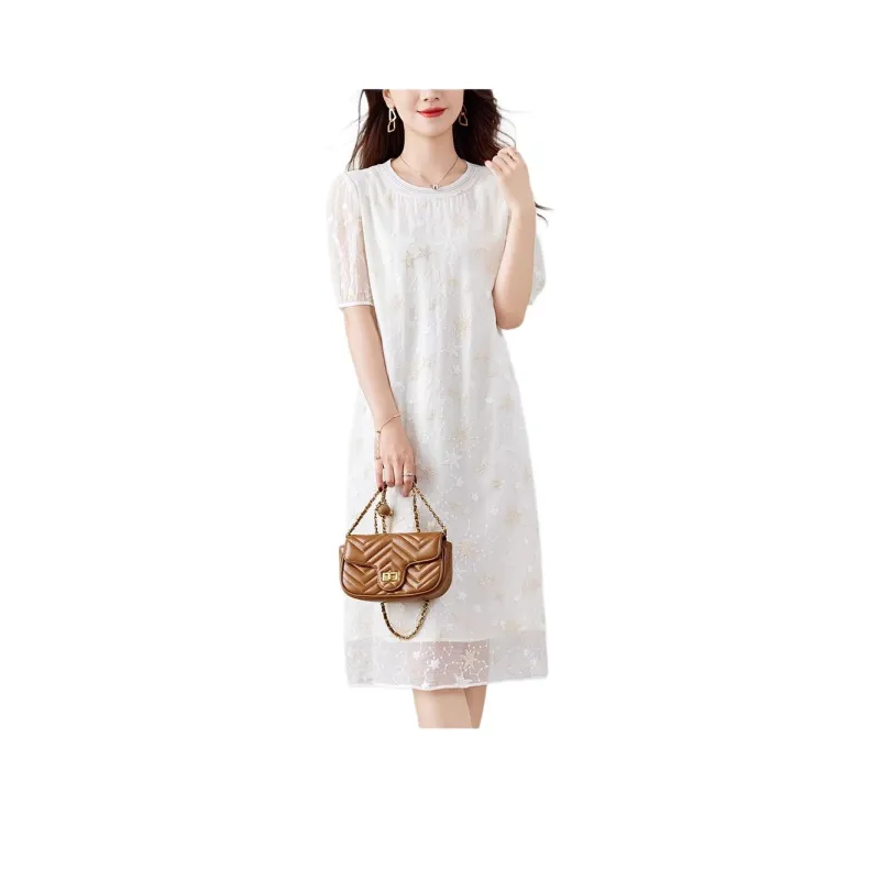 Yi Mengyuan Silk Short Sleeved Dress Women's Beige-0