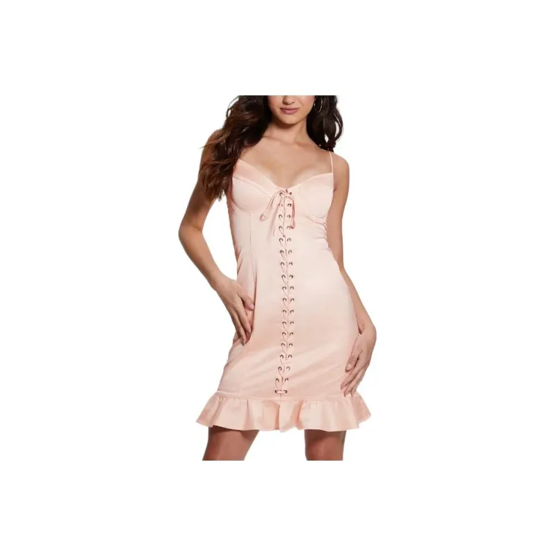 GUESS Satin Lace-Up Corset Dress Slip Dresses Women's Pink-0