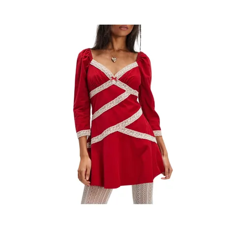 FREE PEOPLE Tennley Corduroy Mini Dress Long-Sleeved Dresses Women's Red Combo/Red Combination