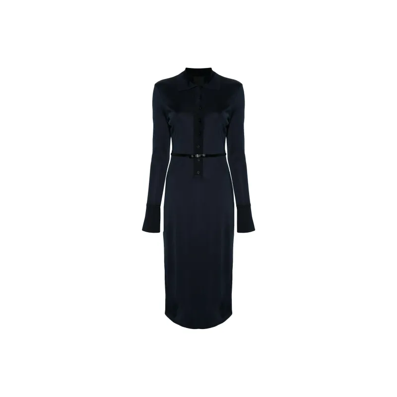 Givenchy Belted Polo Collar Midi Dress Navy Blue-0