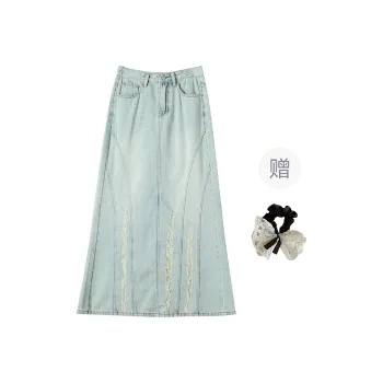 PAVEA Denim Long Skirts Women's Blue+Hair Tie Comes With