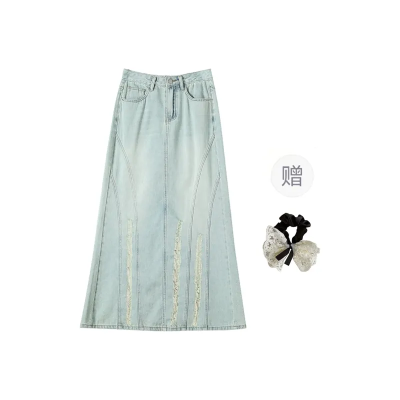 PAVEA Denim Long Skirts Women's Blue+Hair Tie Comes With-0
