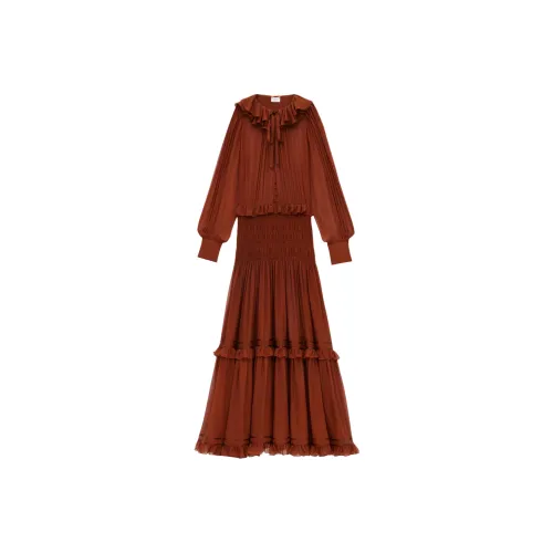 SAINT LAURENT Long Sleeved Dress Women's Brown Red