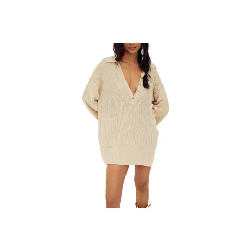 FREE PEOPLE Picnic Sweater Mini Dress Long-Sleeved Dresses Women's Natural/Natural