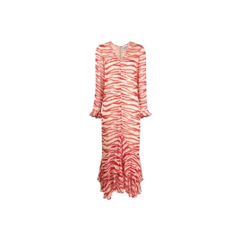 GANNI Tiger-Printed V-Neck Ruffled Maxi Dress