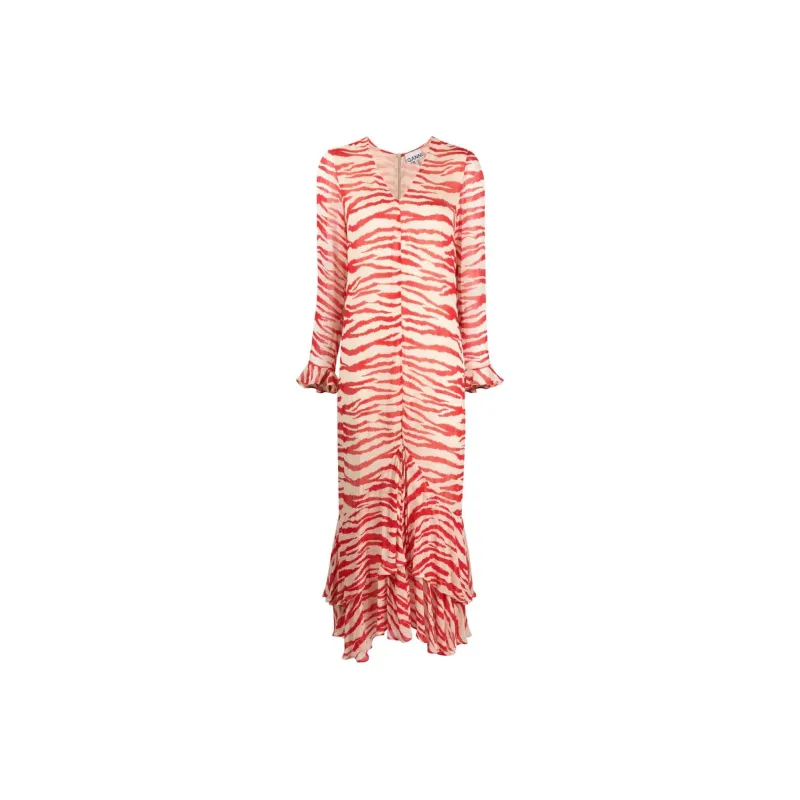 GANNI Tiger-Printed V-Neck Ruffled Maxi Dress-0
