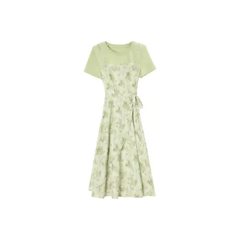 Ning Cai Yuer Short Sleeved Dress Women's Bamboo Leaf Green