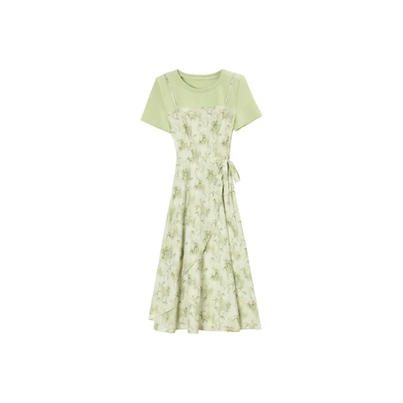 Ning Cai Yuer Short Sleeved Dress Women's Bamboo Leaf Green-0