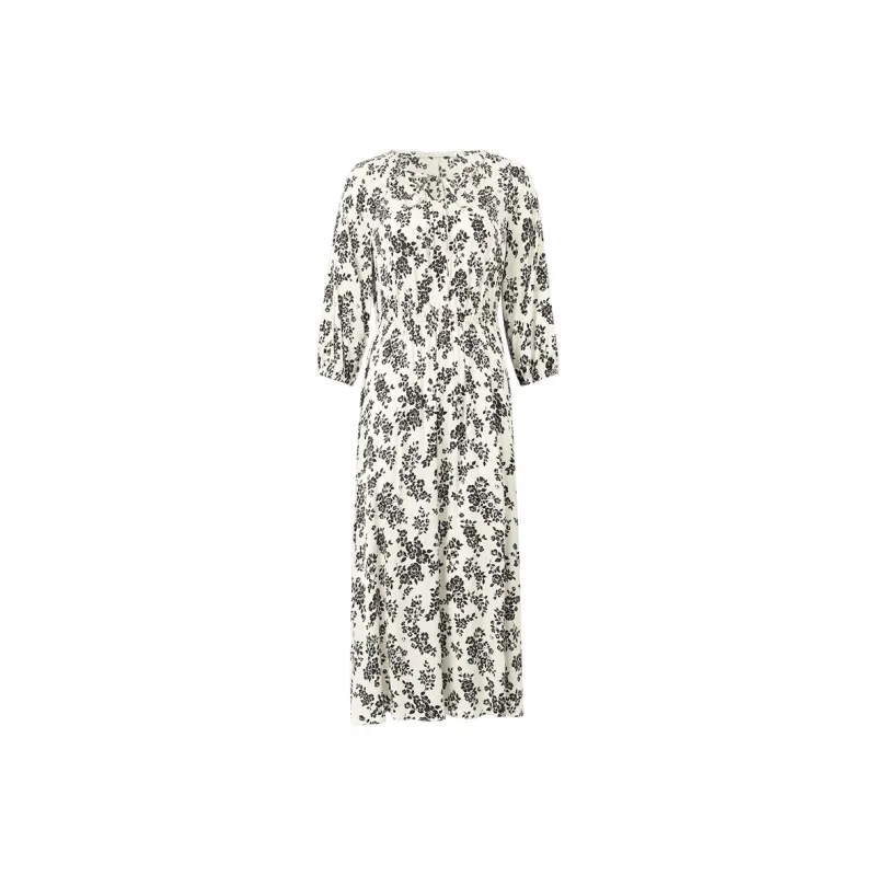 GOELIA Long Sleeved Dress Women's Apricot With Black Camellia Print-0