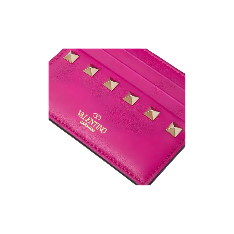 Valentino ROCKSTUD Smooth Calf Leather Coin Purses Card Holders Women's Fuchsia-4
