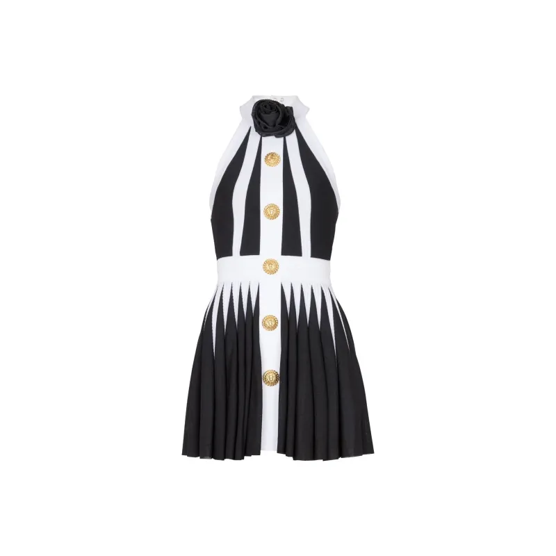 BALMAIN Floral appliqué Pleated Knit Minidress-0