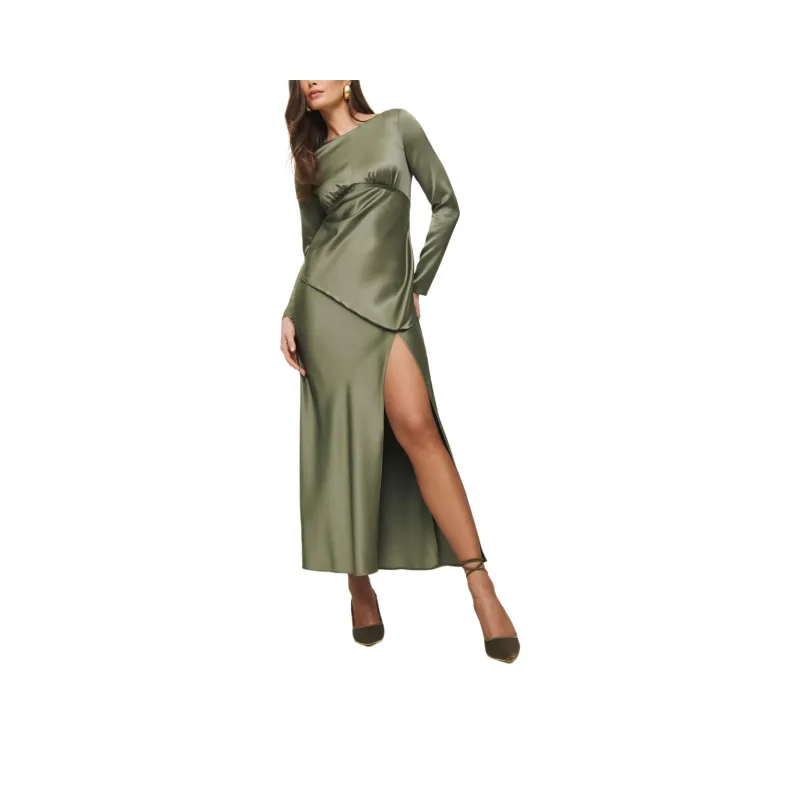REFORMATION Naila Satin Dress Long-Sleeved Dresses Women's Aloe Vera Color-0