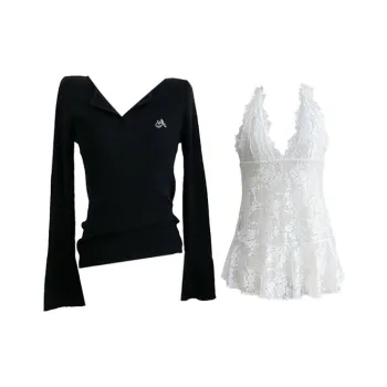 ARIADNAW STUDIO Casual Suit Women's White Lace Camisole+Black Tops