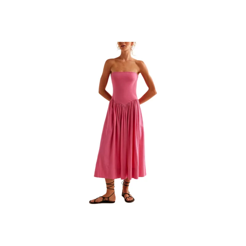 FREE PEOPLE Onda Drop-Waist Tube Midi Sleeveless Dress Women's Bubblegum Pink-0