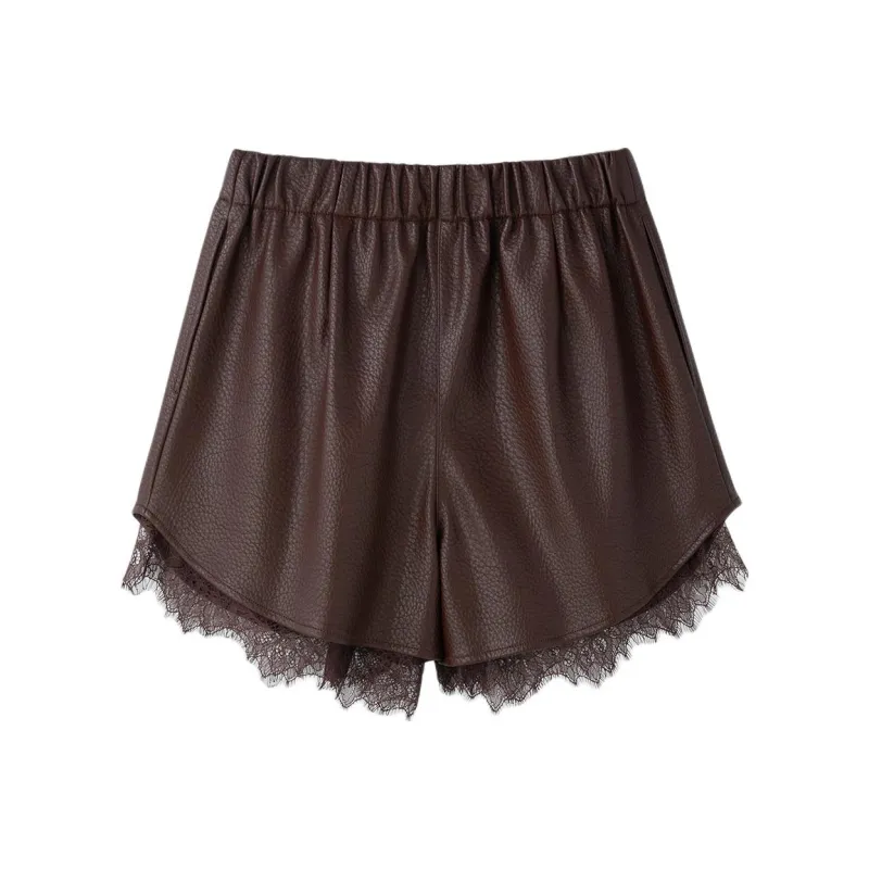 RECTO FW24 GRETA FAUX LEATHER LACE TRIMMING SHORTS Casual Shorts Women's DARK BROWN/Dark Brown-0