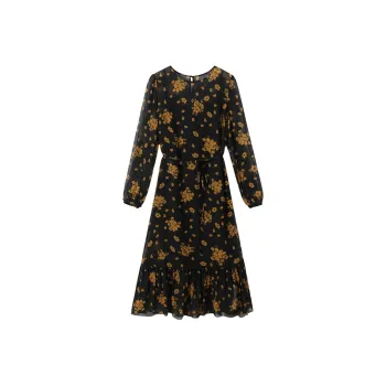 H YXIANG Long Sleeved Dresses Women's Black Background With Yellow Flowers