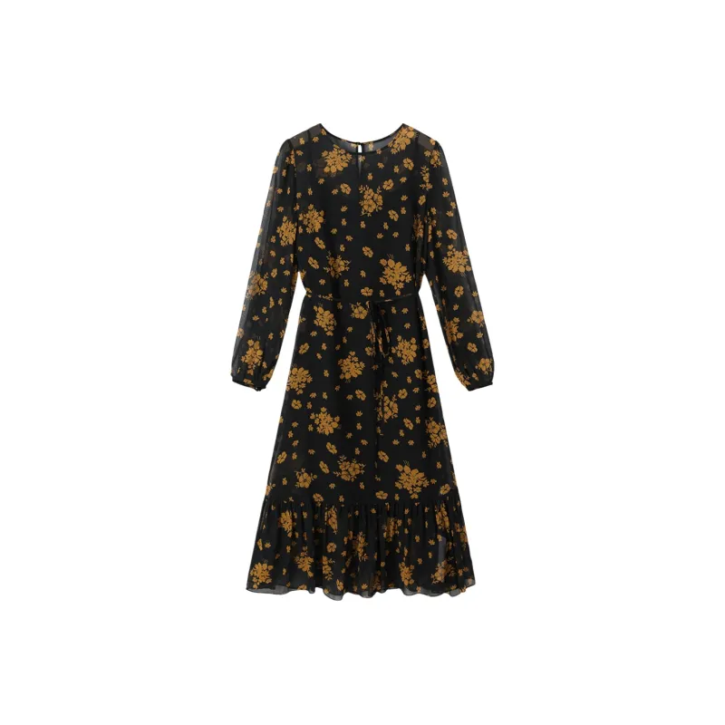 H-YXIANG Long-Sleeved Dresses Women's Black Background With Yellow Flowers-0