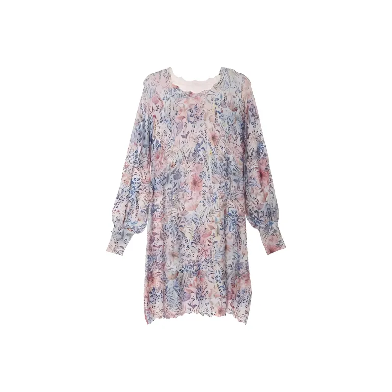 LIANCAN Long-Sleeved Dresses Women's White Background With Colorful Flowers-0