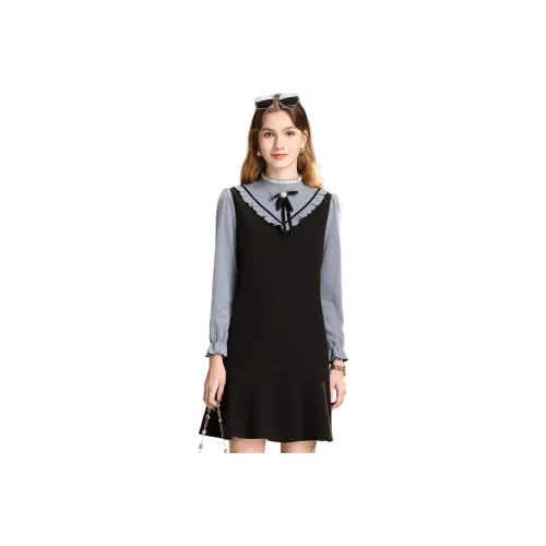 FENHONGMALI Long Sleeved Dress Women's Blue