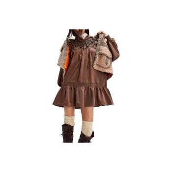 FREE PEOPLE Marty Smocked Mini Dress Long-Sleeved Dresses Women's Brown Bear/Beige