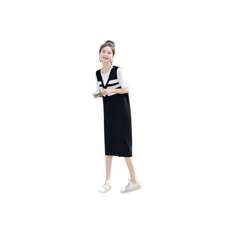 Cypress House Short-Sleeved Dresses Women's Black Background With White Stripes-0