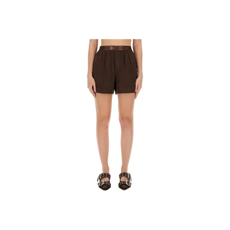GANNI Logo Waistband Wide Leg Shorts-0