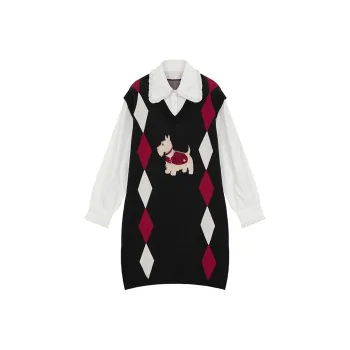 ELF SACK Mock Two Piece Shirt Patchwork Plaid Knitted Fabric Dress Women's