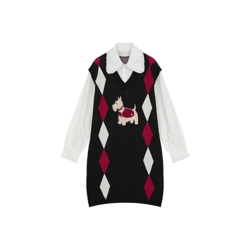 ELF SACK Mock Two Piece Shirt Patchwork Plaid Knitted Fabric Dress Women's