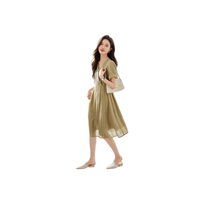 Mo Han Yi Mei Short Sleeved Dress Women's Yellow Green-0