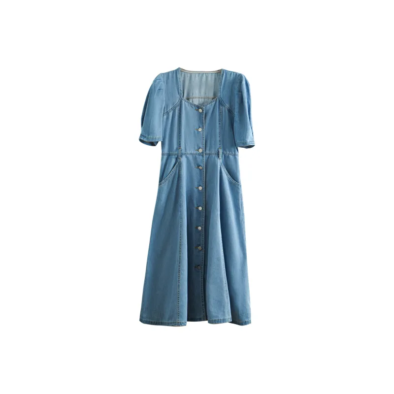Olrain Short Sleeved Dresses Women's Denim Blue-0