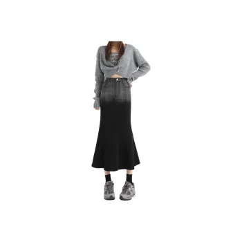 Wen Shan Denim Long Skirts Women's Gray Black