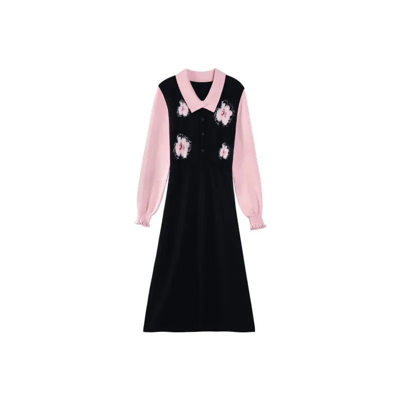 Alxnan Long Sleeved Dresses Women's Pink Black-0