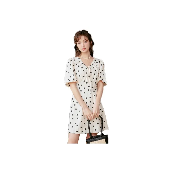 MISHOW Short Sleeved Dresses Women's Apricot Polka Dot-0