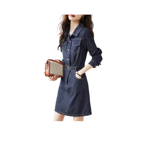 Mo Han Yi Mei Long Sleeved Dress Women's Denim Blue