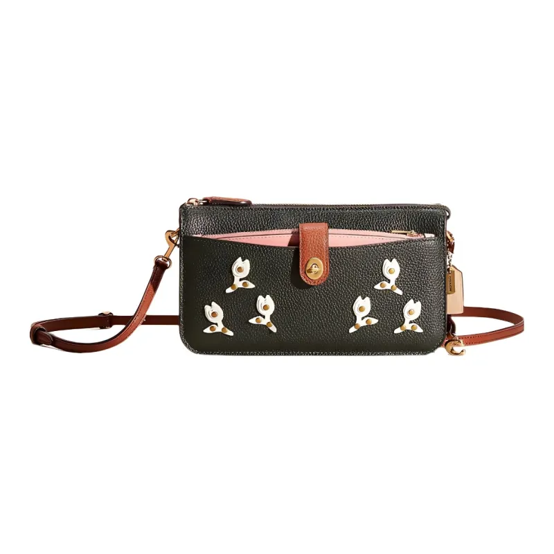 COACH Leather Envelope Bag Shoulder Bag Crossbody Bag Small Size Women's Dark Green/Multicolor Pink-0