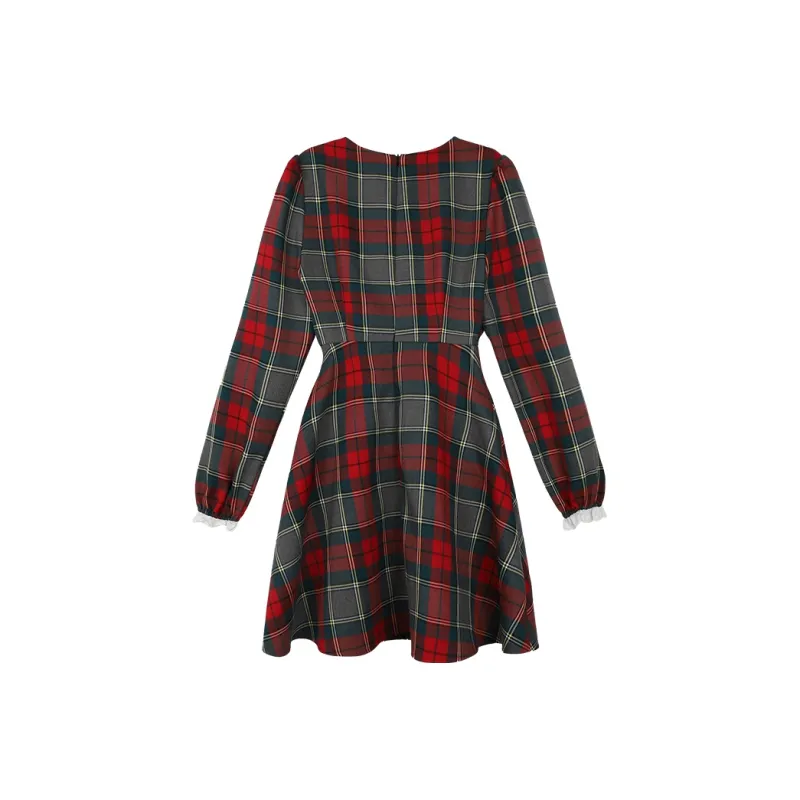 BSEVENI Long-Sleeved Dresses Women's Red Plaid-0