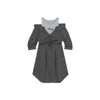 ELF SACK Long Sleeved Dress Women's Black Gray Stripes