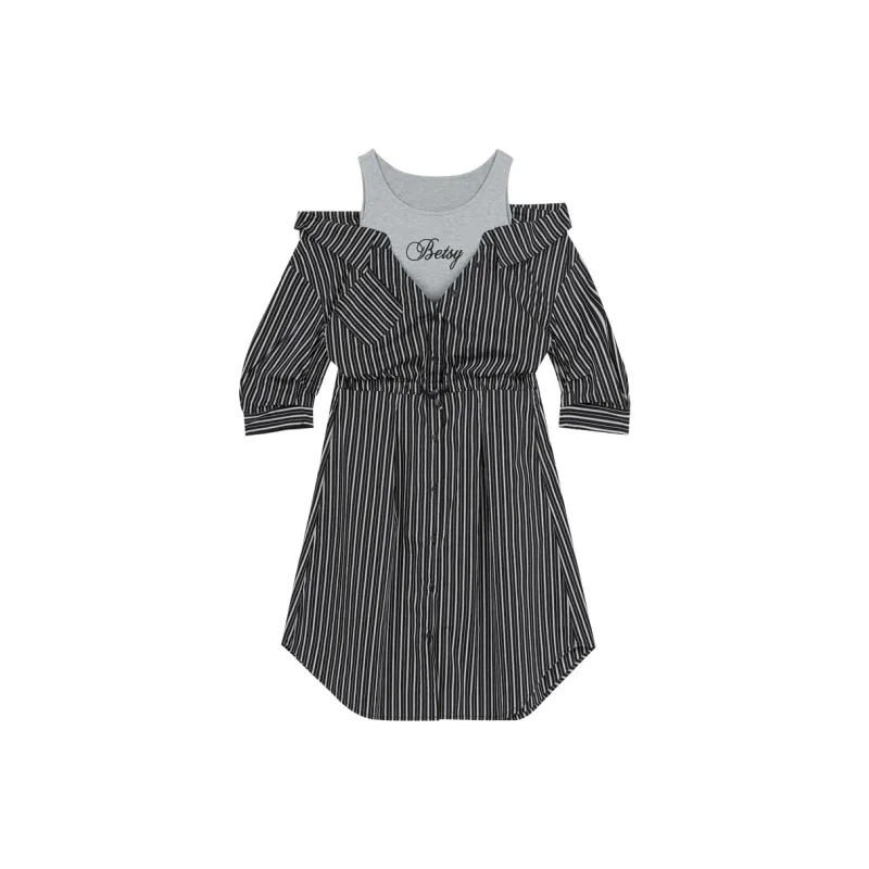 ELF SACK Long Sleeved Dress Women's Black Gray Stripes-0