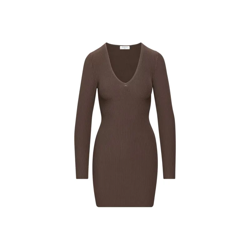 ARITZIA Babaton Sculpt Knit V-Neck Dress Long-Sleeved Dresses Women's Rich Mocha Brown-0