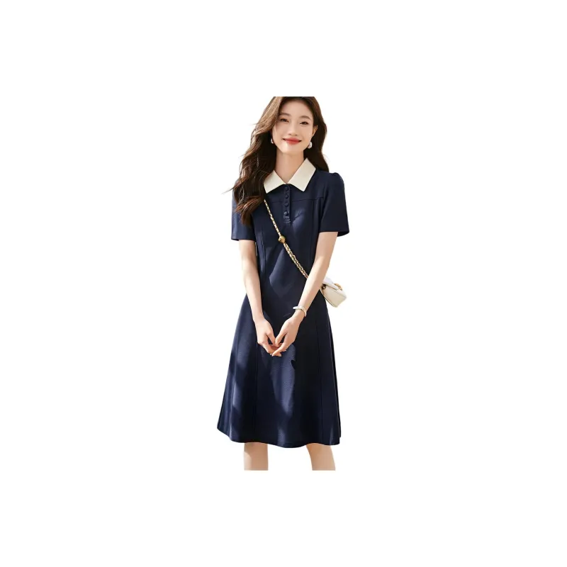 Mo Han Yi Mei Short Sleeved Dress Women's Navy Blue-0