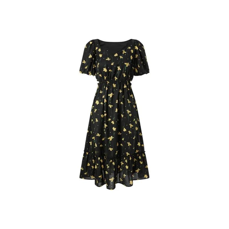 PEACEBIRD Short Sleeved Dress Women's Black Pattern-0