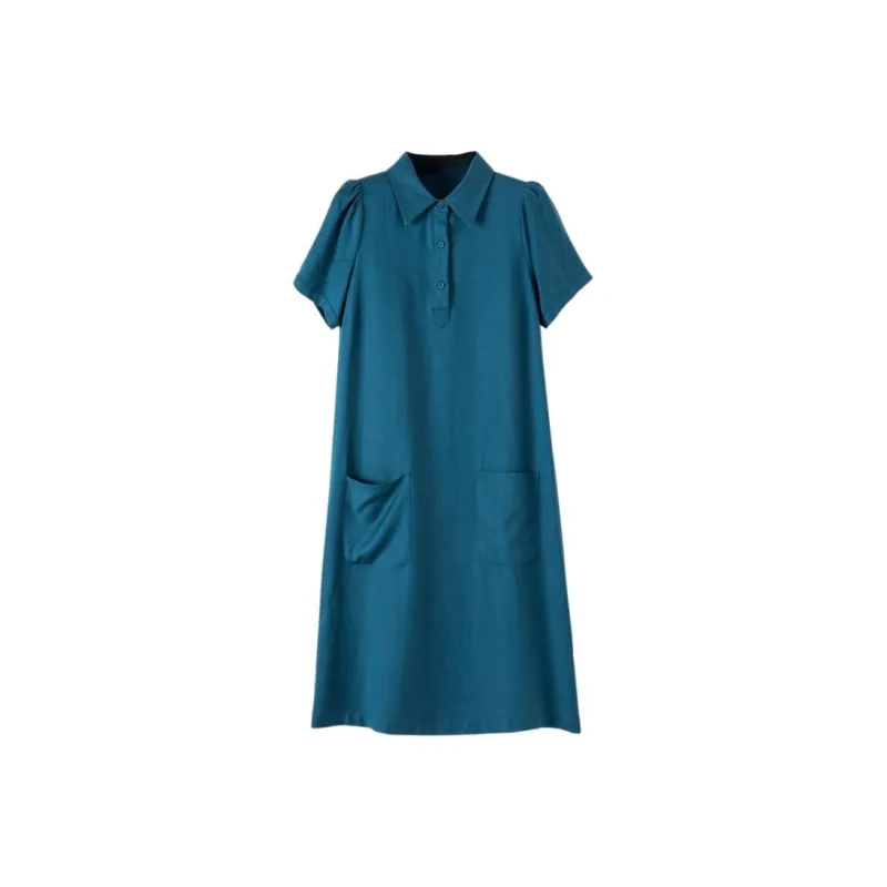 Late White Short Sleeved Dress Women's Peacock Blue-0
