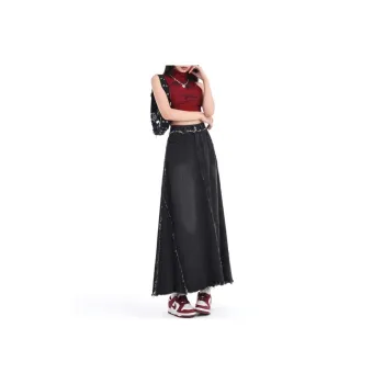 Alxnan Denim Long Skirts Women's Black Gray