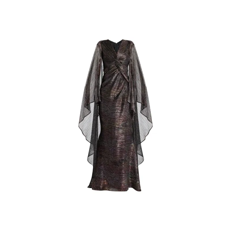 Talbot Runhof Metallic Draped Maxi Dress-0