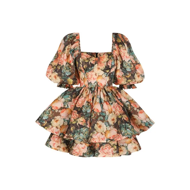 Selkie Collection FW23 Short-Sleeved Dresses Women's Black Night Rose Water Painting Print-0