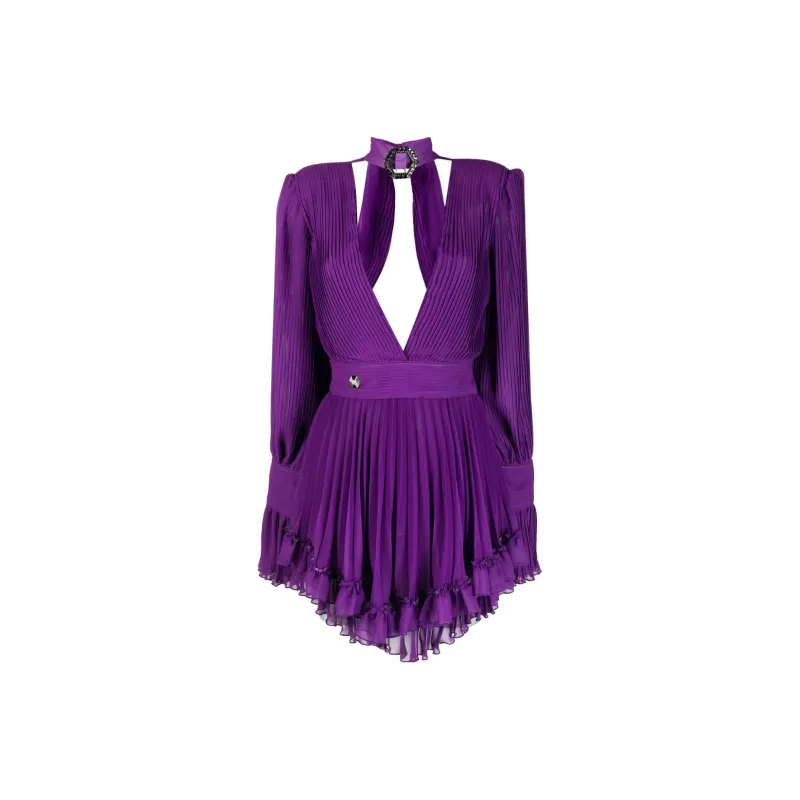 PHILIPP PLEIN Plunging V neck Pleated Dress-0