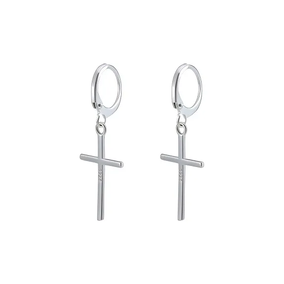 PUENTE 925 Sterling Silver Cross Hoop Earrings Men's-0