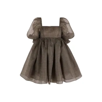 Selkie Collection Short Sleeved Dress Women's Brown Base With Houndstooth Plaid Print