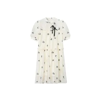 ZIHAN Short-Sleeved Dresses Women's Beige Base With Embroidery